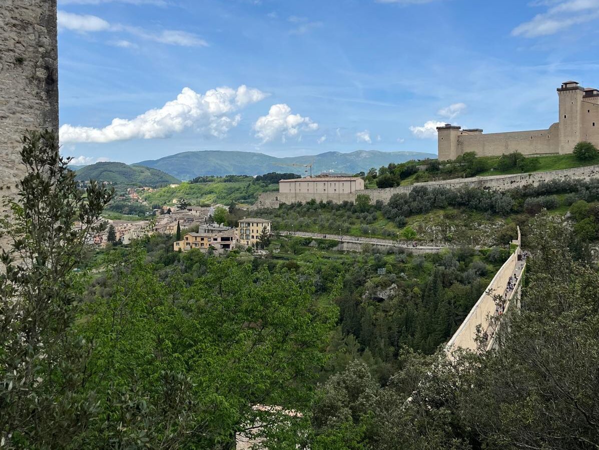 Close-up view of Ponte delle Torri's medieval stone arches in Spoleto, Italy