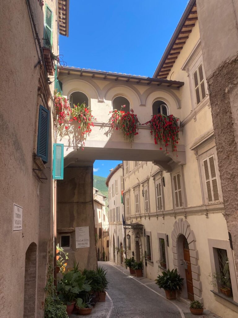 Flower balcony on a stone building in the historic centre of Trevi, Umbria