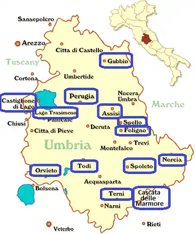 Map of Umbria showing its main tourist towns