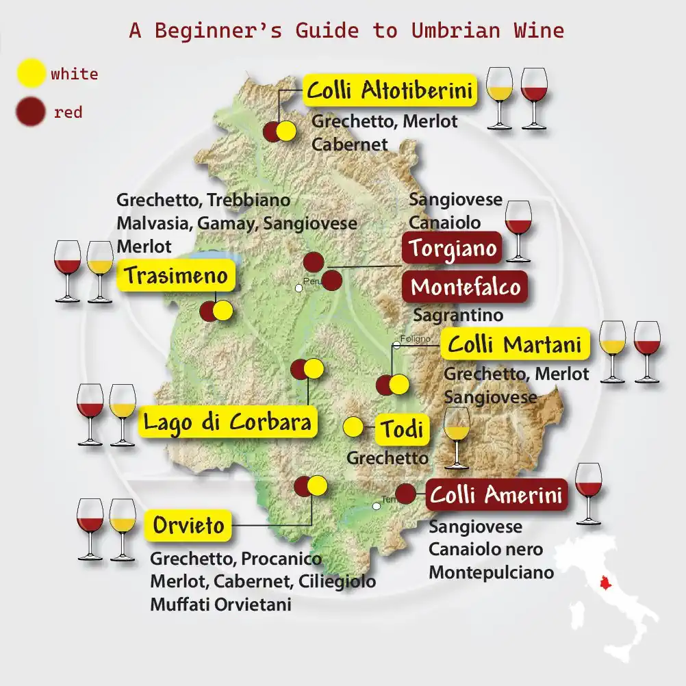 Map of Umbria showing its principal wine-producing areas