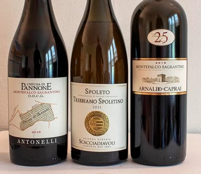 Glasses and bottles of Montefalco Sagrantino wine from Umbria